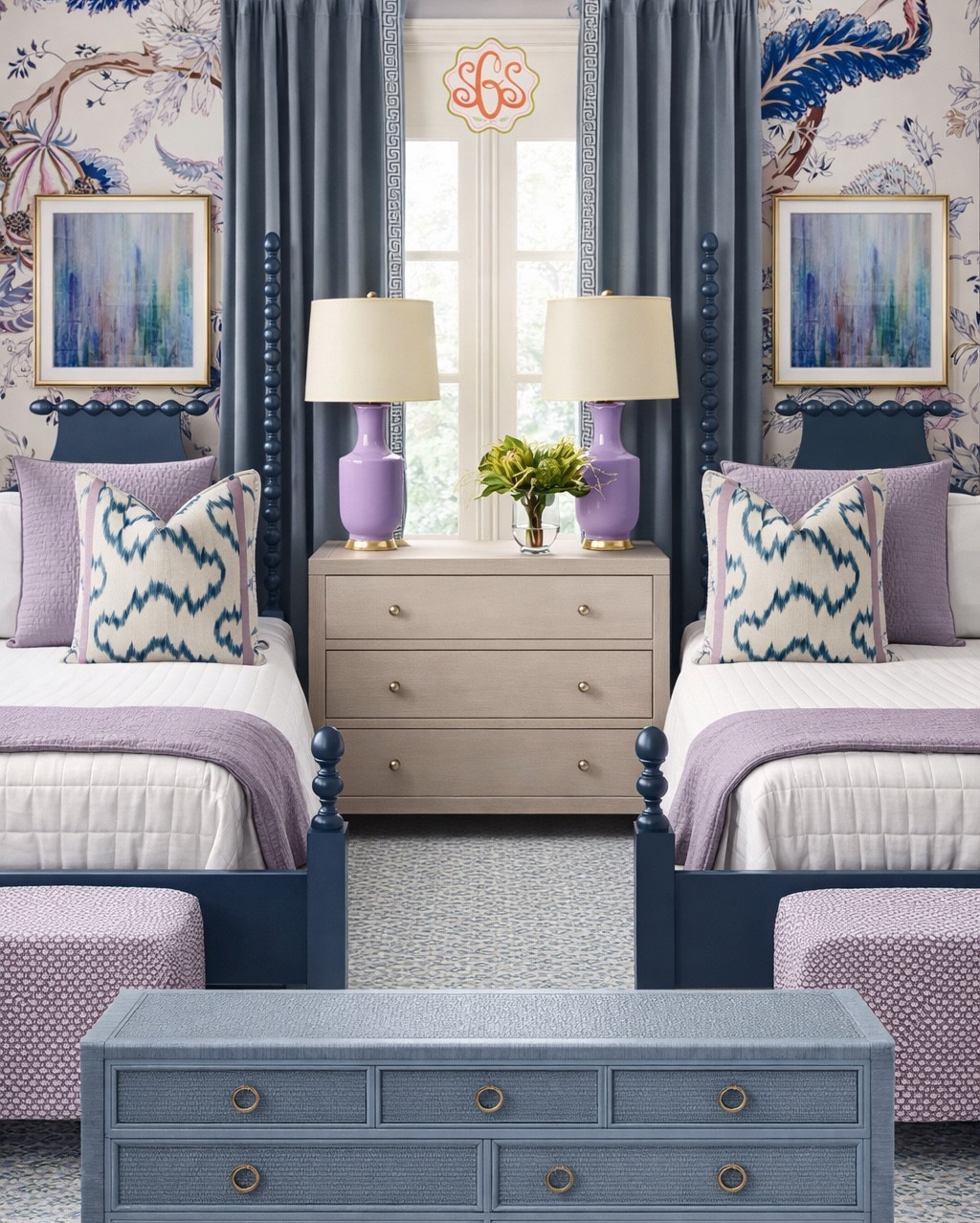 Double the beds, double the charm 💜💙

This sweet sister-style bedroom is all about symmetry, soft lavender + navy layers, and timeless southern elegance. From the playful botanical wallpaper to the glossy spindle beds and cozy patterned poufs, every detail was designed to feel polished but still kid-friendly.

Perfect inspo if you’re designing a shared girls’ room or twin bedroom that feels classic, colorful, and cohesive. ✨

🛏 Twin bed frames
🛋 Patterned poufs
🖼 Coordinating art
💡 Lavender lamps
🛏 Layered bedding + pillows

Everything is linked in my LTK for easy shopping 👇

#SharedBedroom #GirlsRoomInspo #SouthernStyleHome #KidsRoomDesign #BedroomInspo #LTKHome #HomeDecorFinds #InteriorInspo #TwinBedroom #CoastalGrandmillennial

#LTKHome #LTKKids #LTKmomlife