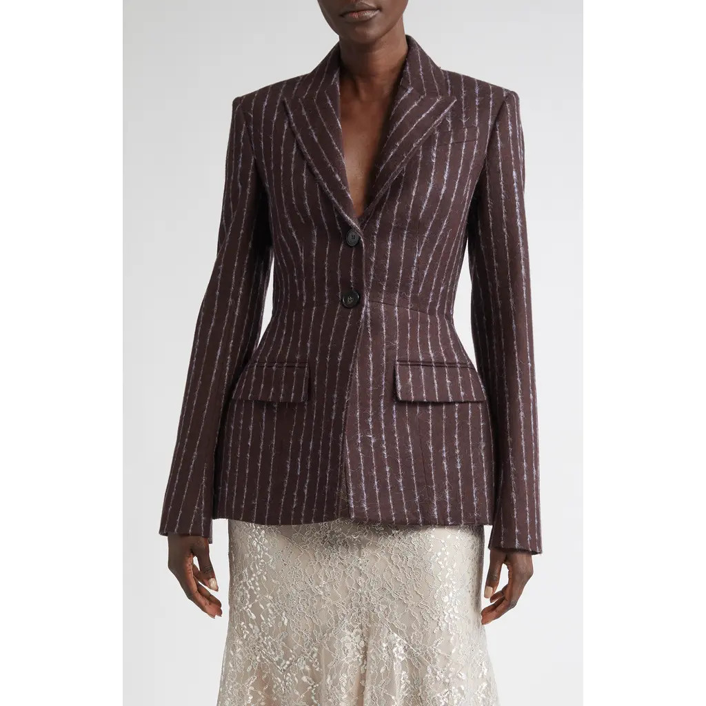 Erdem Pinstripe Fitted Single Breasted Wool & Mohair Blend Blazer in Dark Plum at Nordstrom, Size 4 Us | Nordstrom