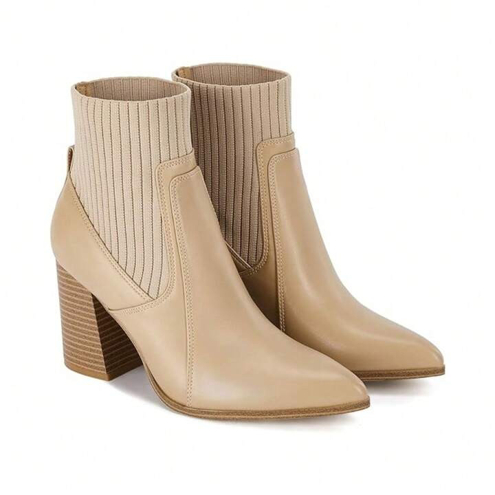 Women's Slip On Ankle Boots Pointed Toe Chunky Block Heel Splicing Sock Booties Winter Shoes | SHEIN