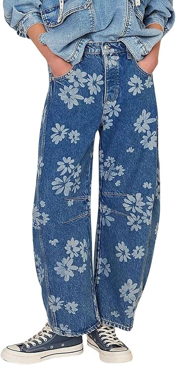 loveimgs Women Y2k Distressed Barrel Jeans Baggy Wide Leg Jeans Floral Printed Boyfriend Patchwor... | Amazon (US)