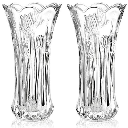 Dicunoy Set of 2 Glass Flower Vase, 9.5" Large Flower Vases for Centerpieces, Modern Clear Heavy Duty Crystal Tall Cylinder Flared Vase for Rose Bouquet, Home, Wedding, Living Room, Office | Amazon (US)
