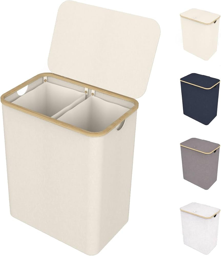 Lonbet - Double Laundry Hamper with Lid Cover - Bamboo Dual Section Laundry Basket - Collapsible ... | Amazon (US)
