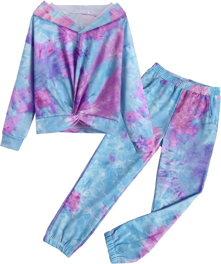 Arshiner Girl's 2 Piece Outfits Tie-dye Twist Front Pullover Hooded Sweatsuits Sweatshirt and Swe... | Amazon (US)