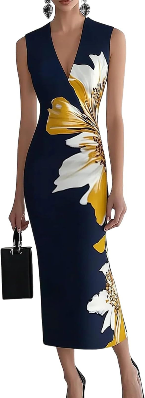 Womens Gorgeous V-Neck Bodycon Floral Dress 2025 Fashion Slim Fit Sleeveless High Waist A Line We... | Amazon (US)