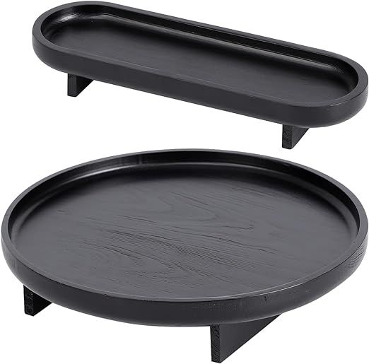 FERAHI Decorative Trays for Home Decor, 2 Pcs Black Tray for Coffee Table, Round Wood Serving Tra... | Amazon (US)