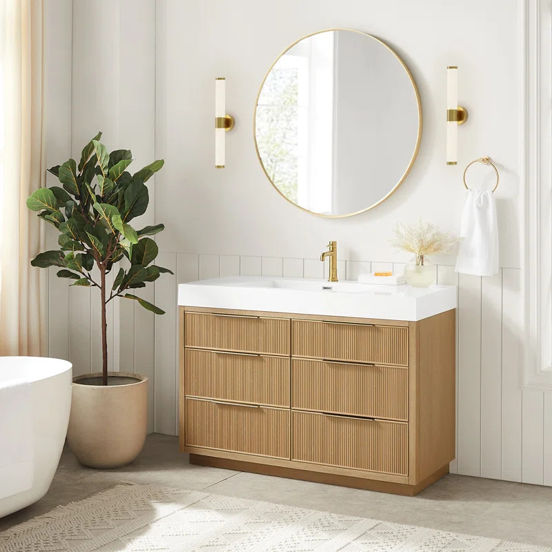 Grunwald 48" Single Bath Vanity in Washed Ash Grey with White Integrated Stone Sink Top | Wayfair North America