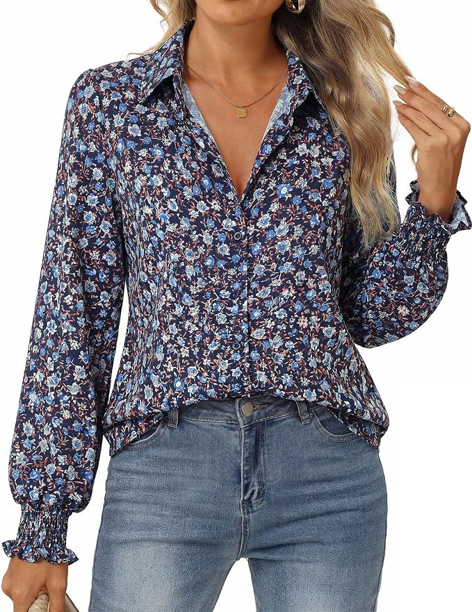 GRACE KARIN Women's 2026 Fall Boho Floral Button Down Dressy Blouses | Long Sleeve,Point Collar,S... | Amazon (US)