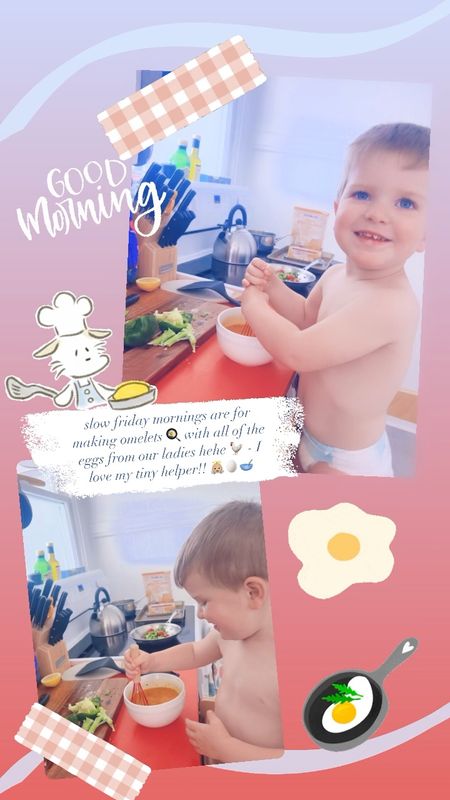 slow friday mornings are for making omelets 🍳 with all of the eggs from our ladies hehe 🐓 - I love my tiny helper!! 👼🏼🥚🥣
