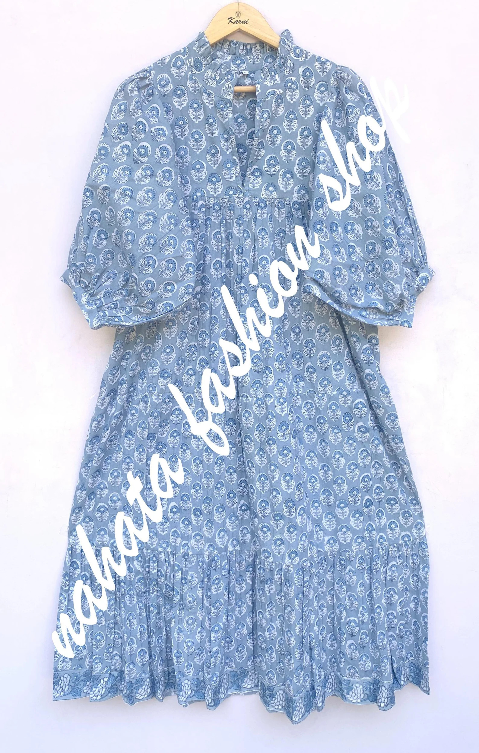 Summer Cotton Blue Floral Pattern Printed Women's Maxi Dress - Frill Collar With Belt Indian Long... | Etsy (US)