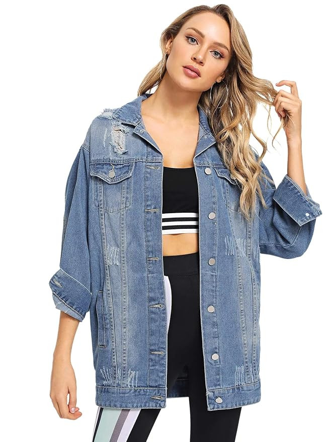 Floerns Women's Washed Distressed Boyfriend Jean Denim Jacket | Amazon (US)