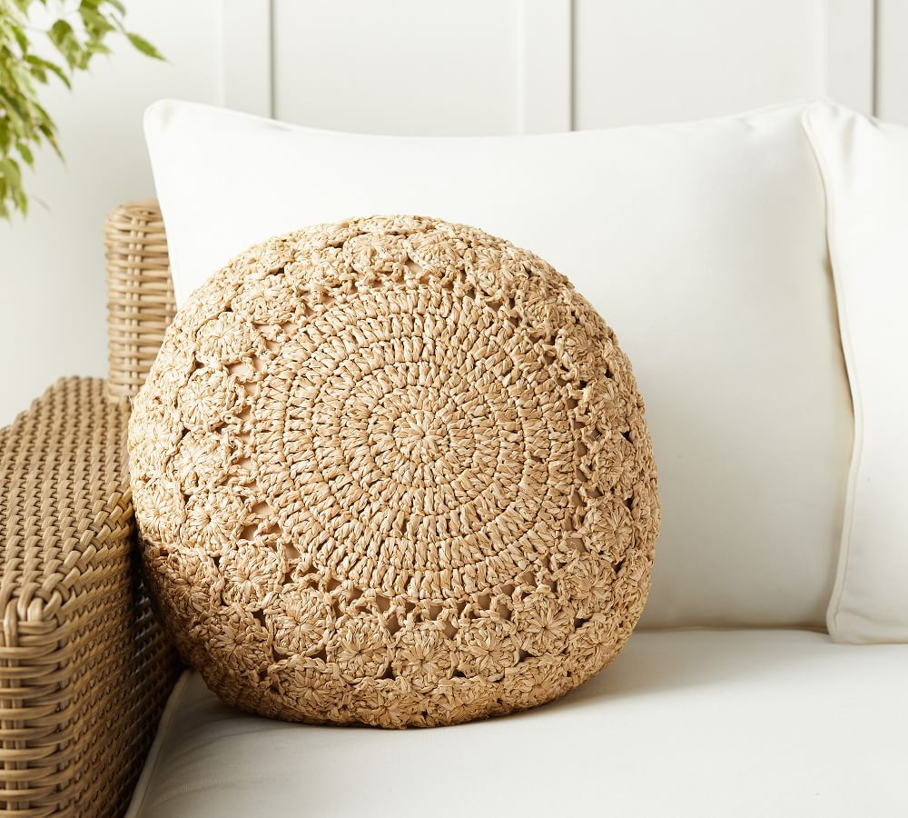 Round Crochet Faux Natural Fiber Indoor/Outdoor Pillow, 16 x 16&amp;quot;, Natural | Pottery Barn (US)
