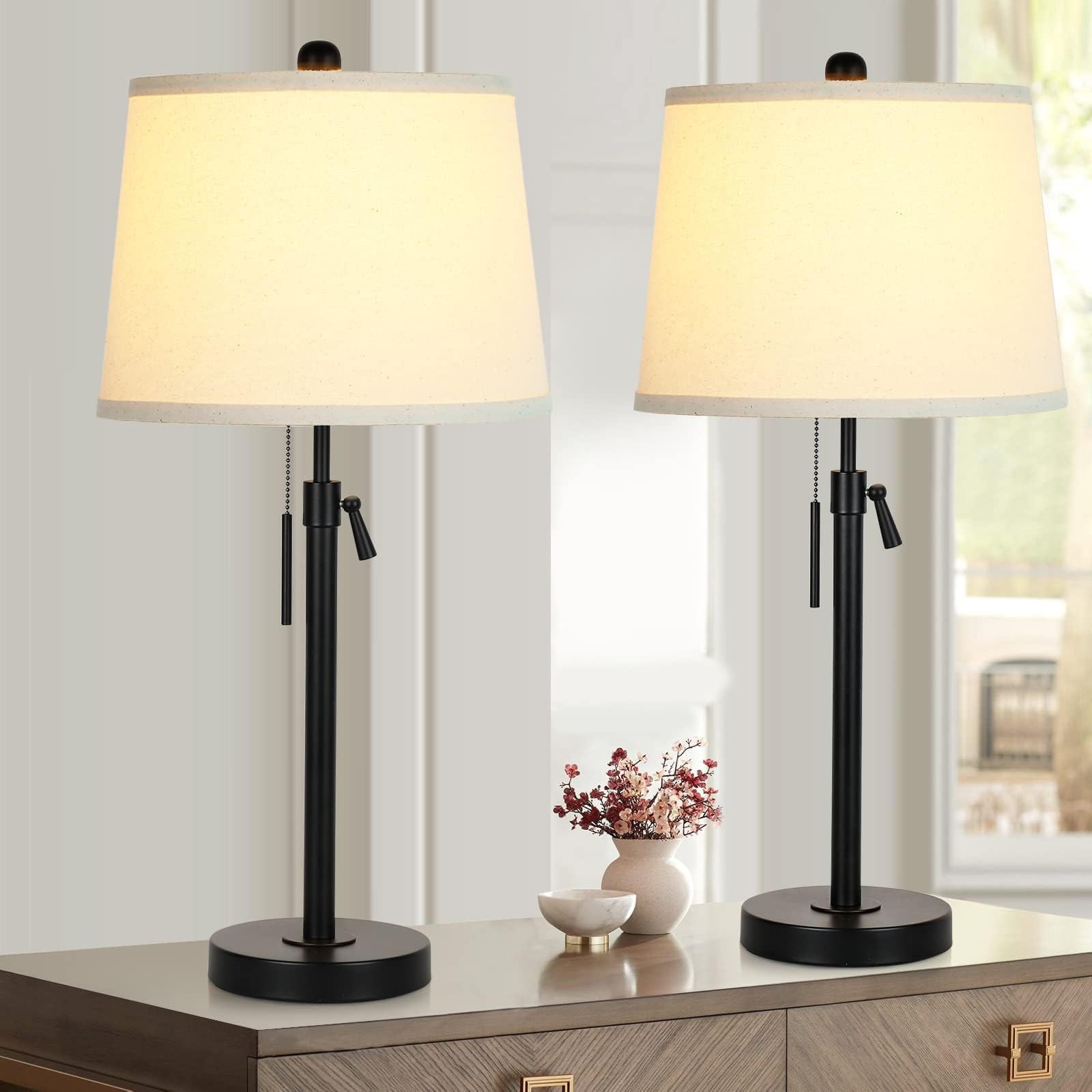 Bedside Table Lamps Set of 2: Tall Black Table Lamps for Living Room End Table | Height Adjustabl... | Amazon (US)