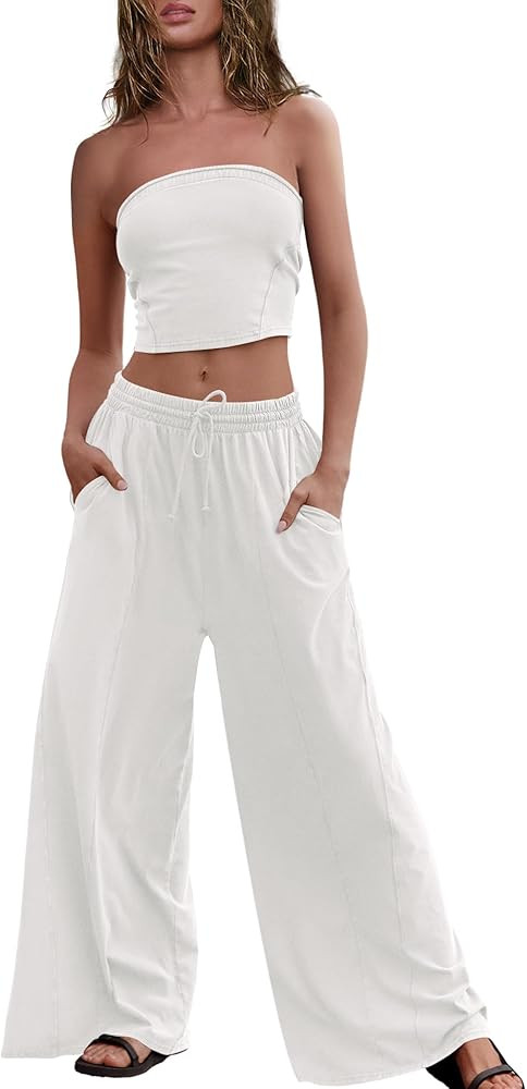 Womens Summer Lounge Sets 2 Piece Outfits Tube Top and Wide Leg Pants Matching Set Beach Vacation... | Amazon (US)