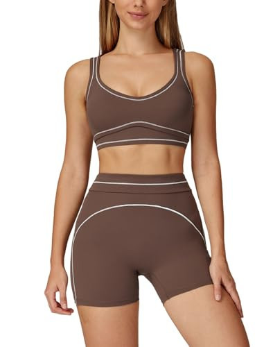 2 Piece Workout Sets for Women U Back Color Block Crop Tank Sports Bra Matching High Waist Booty Lifting Biker Shorts Womens Two Piece Athletic Set Gym Wear Active Yoga Pilates Outfits Brown XS | Amazon (US)