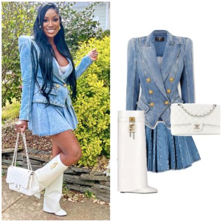 Wendy Osefo’s Denim Blazer, Pleated Skirt, White Boots and Quilted Bag 📸 = @drwendyosefo