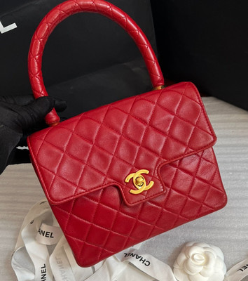 CHANEL Vintage Kelly Top Handle Diamond Pattern Handbag Red Gold Women Classic | eBay US