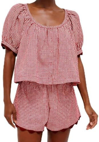 VAOYIU Two Piece Sets for Women Casual Summer Gingham Outfit Puff Sleeve Crew Neck Top Matching S... | Amazon (US)