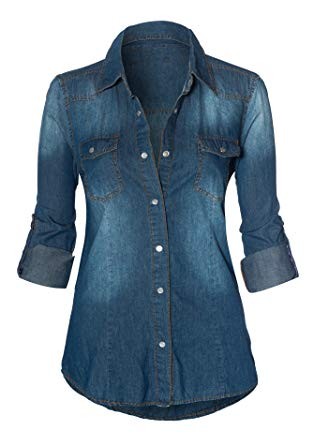 HOT FROM HOLLYWOOD Women's Button Down Roll up Sleeve Classic Denim Shirt Tops | Amazon (US)