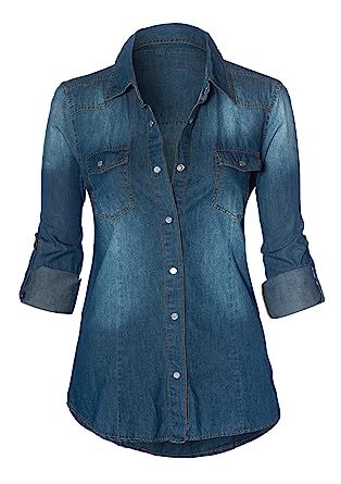 HOT FROM HOLLYWOOD Women's Button Down Roll up Sleeve Classic Denim Shirt Tops | Amazon (US)
