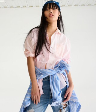 Long Sleeve Thin Stripe Oversized Button-Down Shirt | Aeropostale