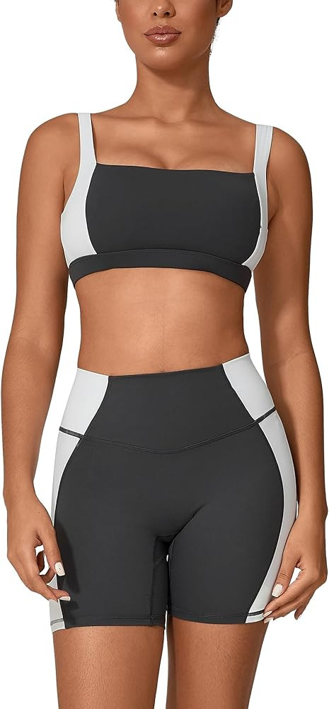 ABOCIW Workout Sets for Women 2 Piece Color Block Square Neck Sports Bra Higg Waist Biker Shorts ... | Amazon (US)
