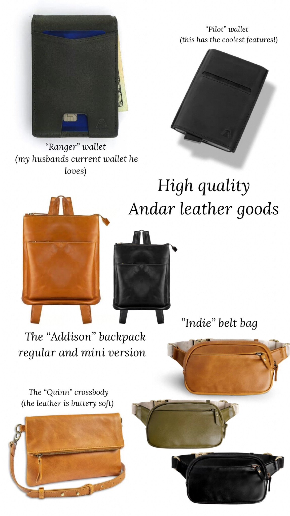 High quality leather goods from Andar are the perfect gift! They’re having a Black Friday Cyber Monday sale and these are all 30% off! The belt bag is new and has the nicest leather. The men’s wallets are so nice too! If you have the denner wallet, you definitely need these bags to go with it! 

#LTKGiftGuide #LTKsalealert #LTKCyberweek