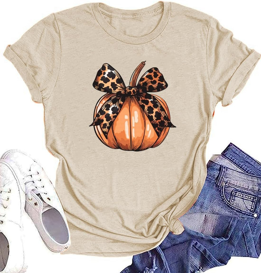 Fall Shirts for Women Pumpkin with Leopard Coquette Bow Casual Graphic Tops Halloween Shirts Cute Tee | Amazon (US)