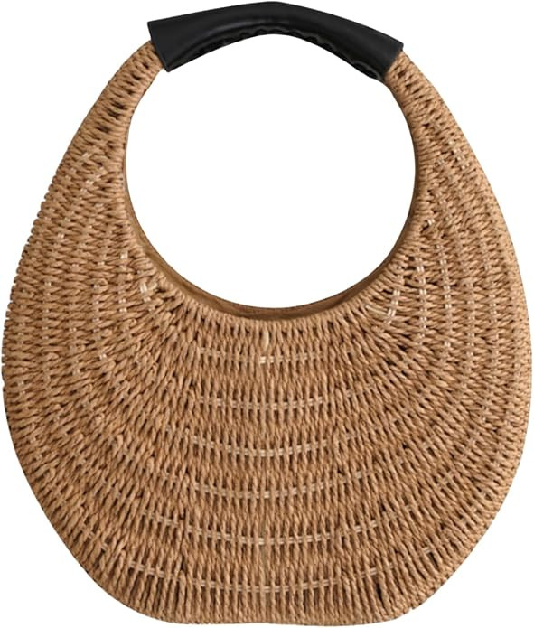 JOLLQUE Straw Bag for Women,Summer Hand Woven Small Hobo Handbag Purse,Solid Round Top-Handle Clu... | Amazon (US)