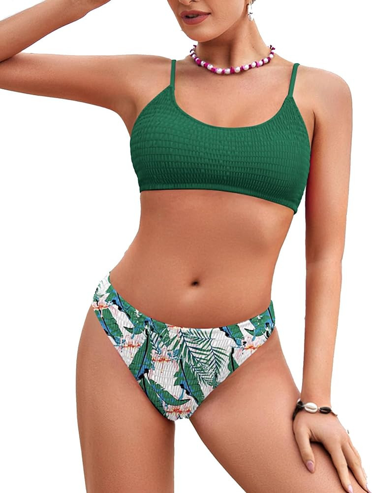 AI'MAGE Womens Two Piece Bikini Sets Cute Mid Waisted Bathing Suits with Adjustable Spaghetti Str... | Amazon (US)