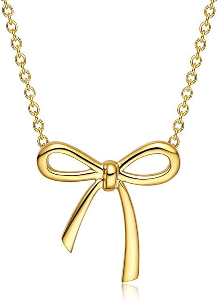 Gold Bow Necklace for women Dainty Bow Pendent Necklace Cute Small Ribbon necklace 18K Gold Plate... | Amazon (US)