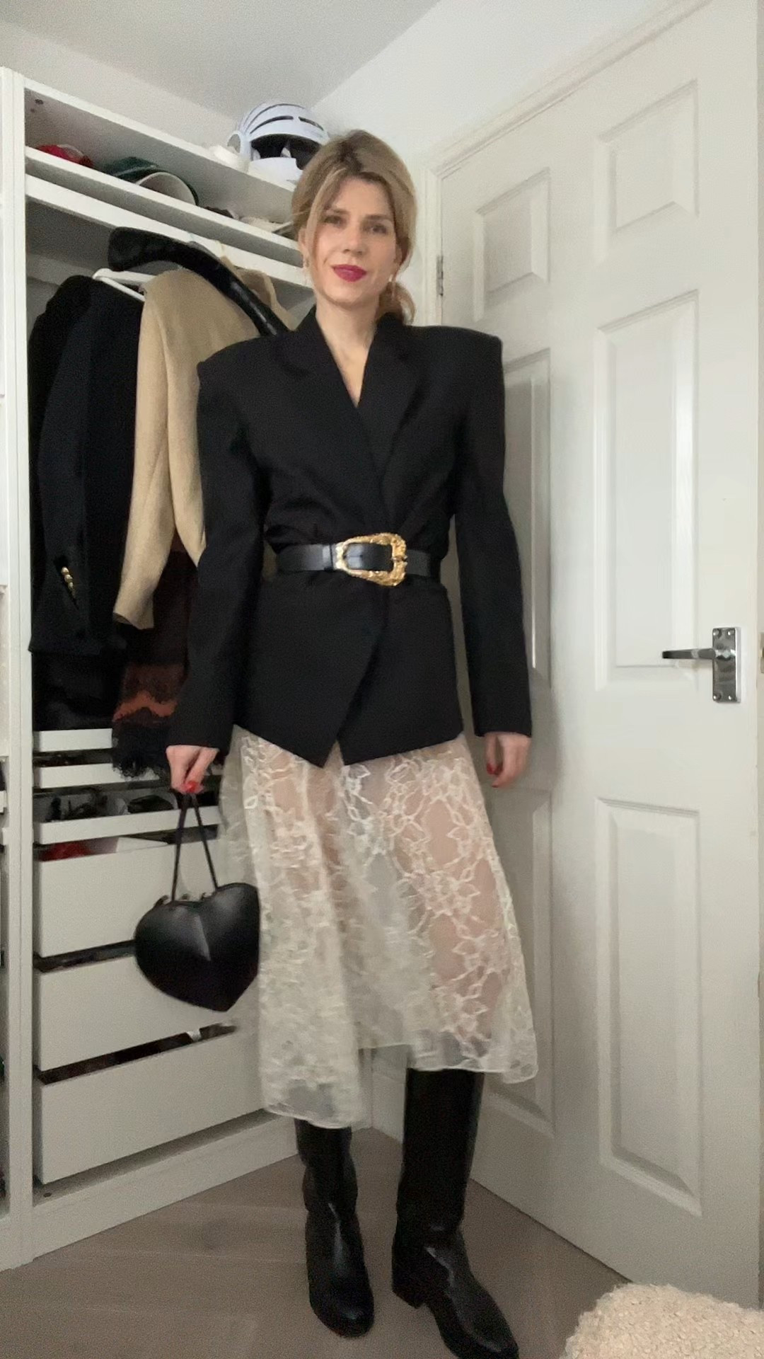 Chic outfit, leather belt, alaia bag, riding boots, sezane boots, cross earrings, lace skirt, comfortable boots 

#LTKwinter #LTKstyletip #LTKautumn