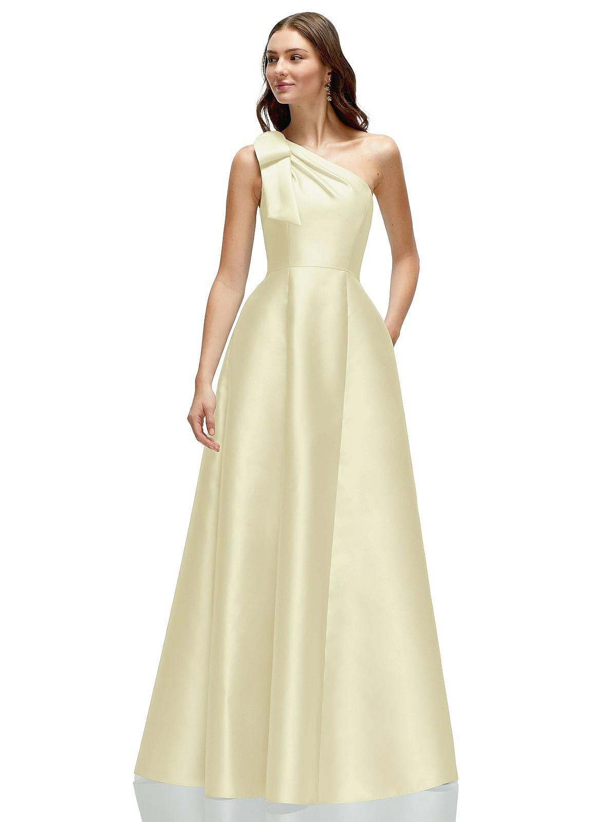 Bow One-Shoulder Full A-Line Satin Maxi Dress in Butter Yellow | Dessy Group