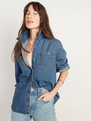 Oversized Boyfriend Utility-Pocket Jean Shirt for Women | Old Navy (US)