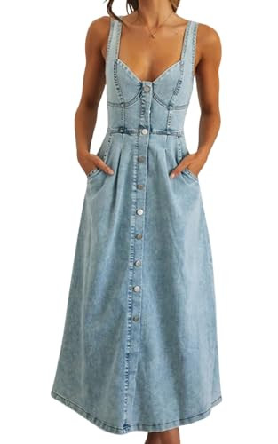 Women's Summer Casual Button Down Denim Dress Sleeveless Slim Fit Midi A-Line Jean Dress (Medium,Blue) | Amazon (US)