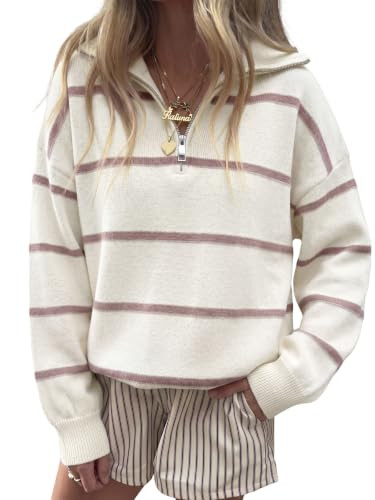 Fisoew Womens Quarter Zip Striped Sweater Oversized Turtleneck Pullover Top | Amazon (US)