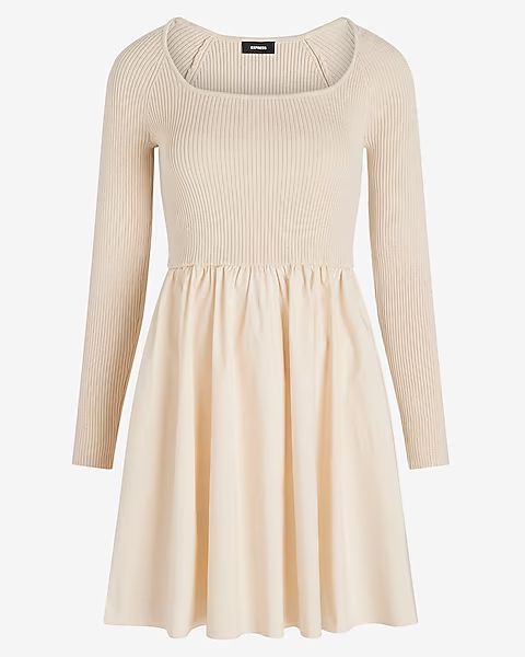 Ribbed Square Neck Poplin Mini Fit and Flare Dress | Express