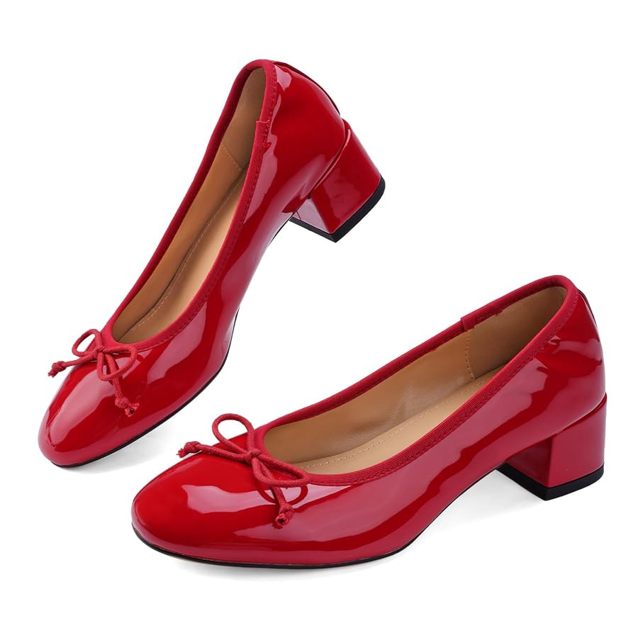 Mary Jane Shoes Women Leather Round Toe Chunky Mid Heel Pumps Ballet Shoes with Bow Tie Closed To... | Amazon (US)