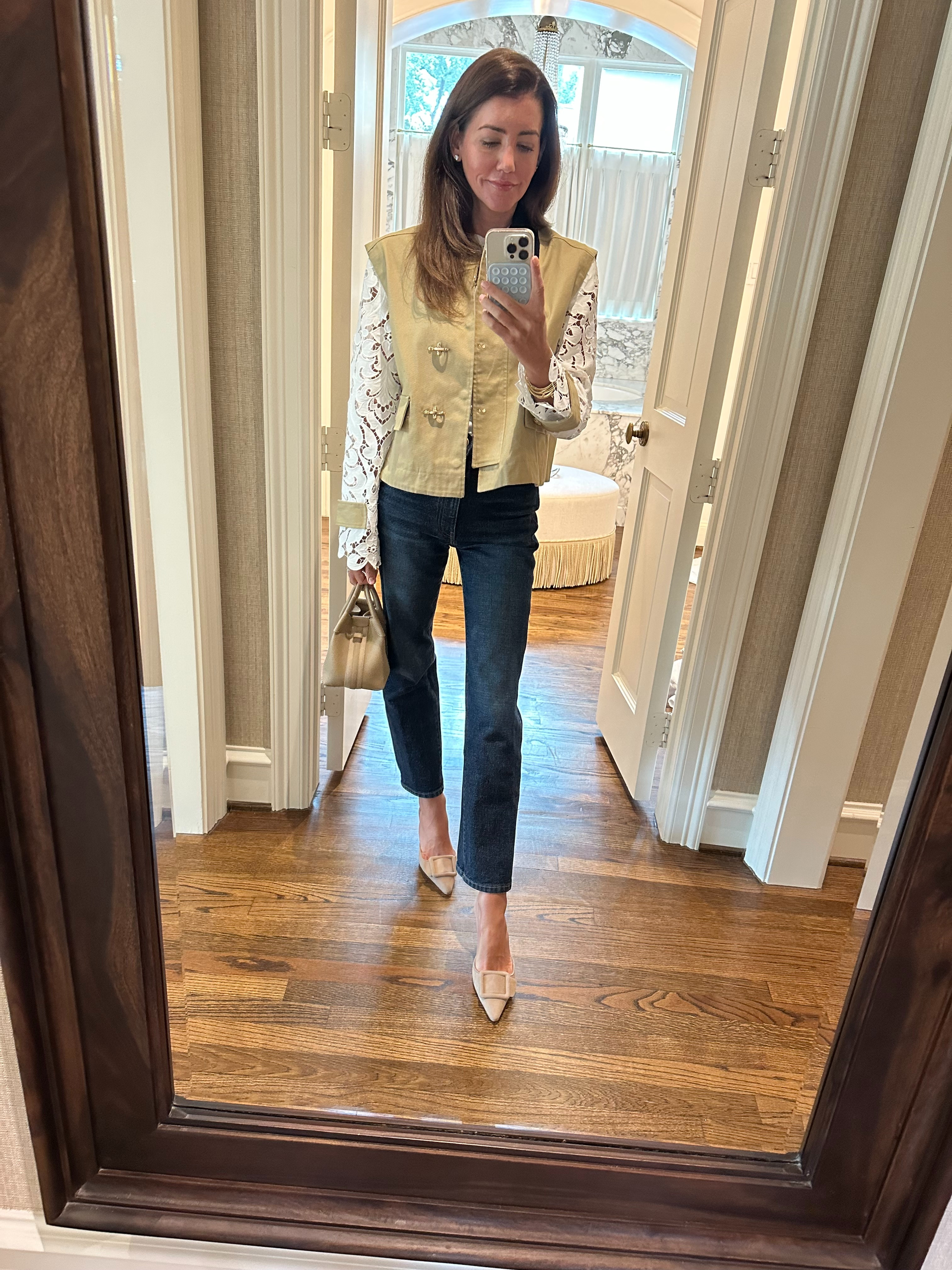 hill house jacket // khaite jeans // manolo blahnik shoes // loro piana bag 

 