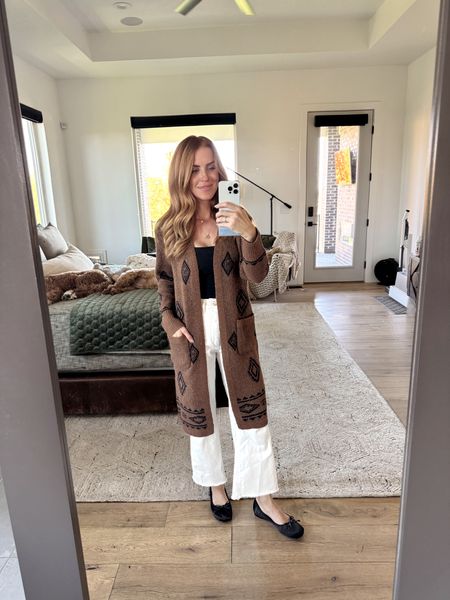 Wearing my true size in the pants and shoes. I sized up on the cardigan. Love the long cardigan. Super cozy for fall and these ballet flats are so dang cute. @freepeople @shopbop @walmart