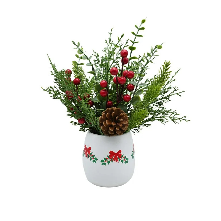Artificial Plants and Berries in White Ceramic Pot Christmas Decoration, 13.5", by Holiday Time | Walmart (US)