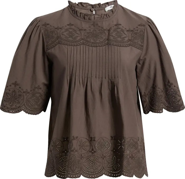Embroidered Pintuck High Neck Cotton Voile Top | Nordstrom