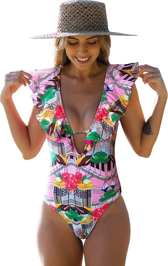 SPORLIKE Women One Piece Swimsuit V-Neck Ruffle Bathing Suit Padded Monokini | Amazon (US)