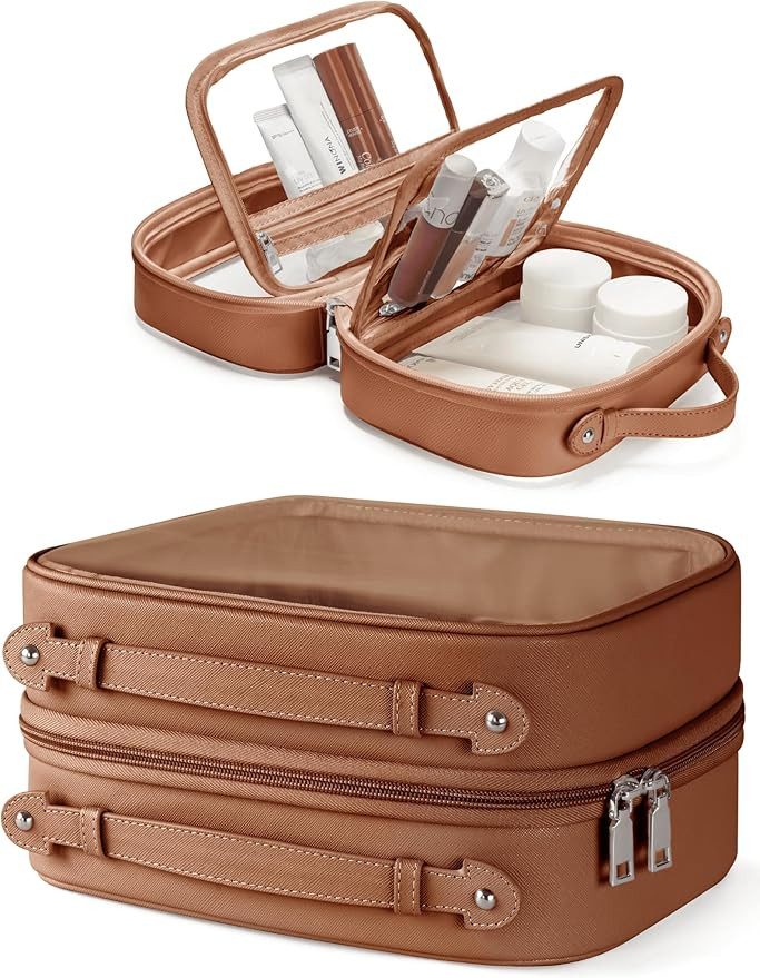 Clear Cosmetic Bag Double Layer Travel Toiletry Bag Clear Makeup Bag Case with 4 Compartments, Tr... | Amazon (US)