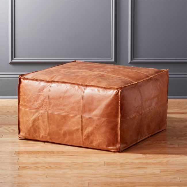 Medium Square Leather Ottoman-Pouf | CB2
