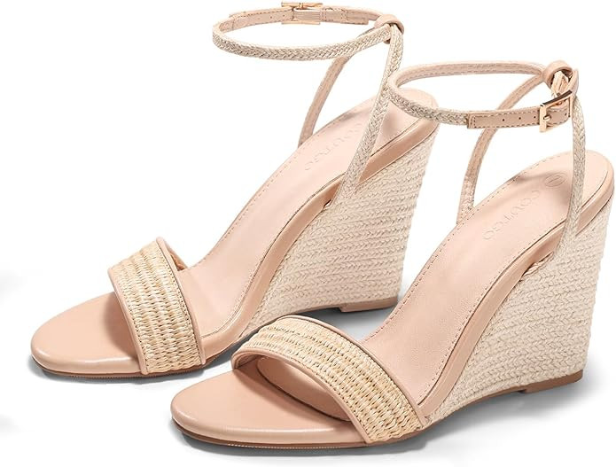 Coutgo Womens Wedges Heels Sandals Espadrilles Raffia Open Toe Ankle Strap Straw Summer Beach Sho... | Amazon (US)