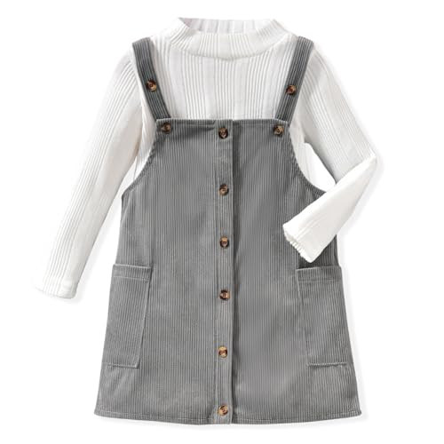 Toddler Little Girl Corduroy Button Down Overall Pinafore Jumper Spring Dress 2 Years Long Sleeve Turtleneck Shirt Fall Winter 2 Pieces Outfits Preschool Clothes Clothing Set, 2-3T, Light Gray | Amazon (US)
