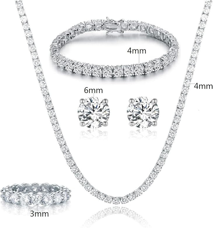 Gemsme 18K White Gold Plated Tennis Necklace/Bracelet/Earrings/Band Ring Sets Hypoallergenic Jewelry | Amazon (US)
