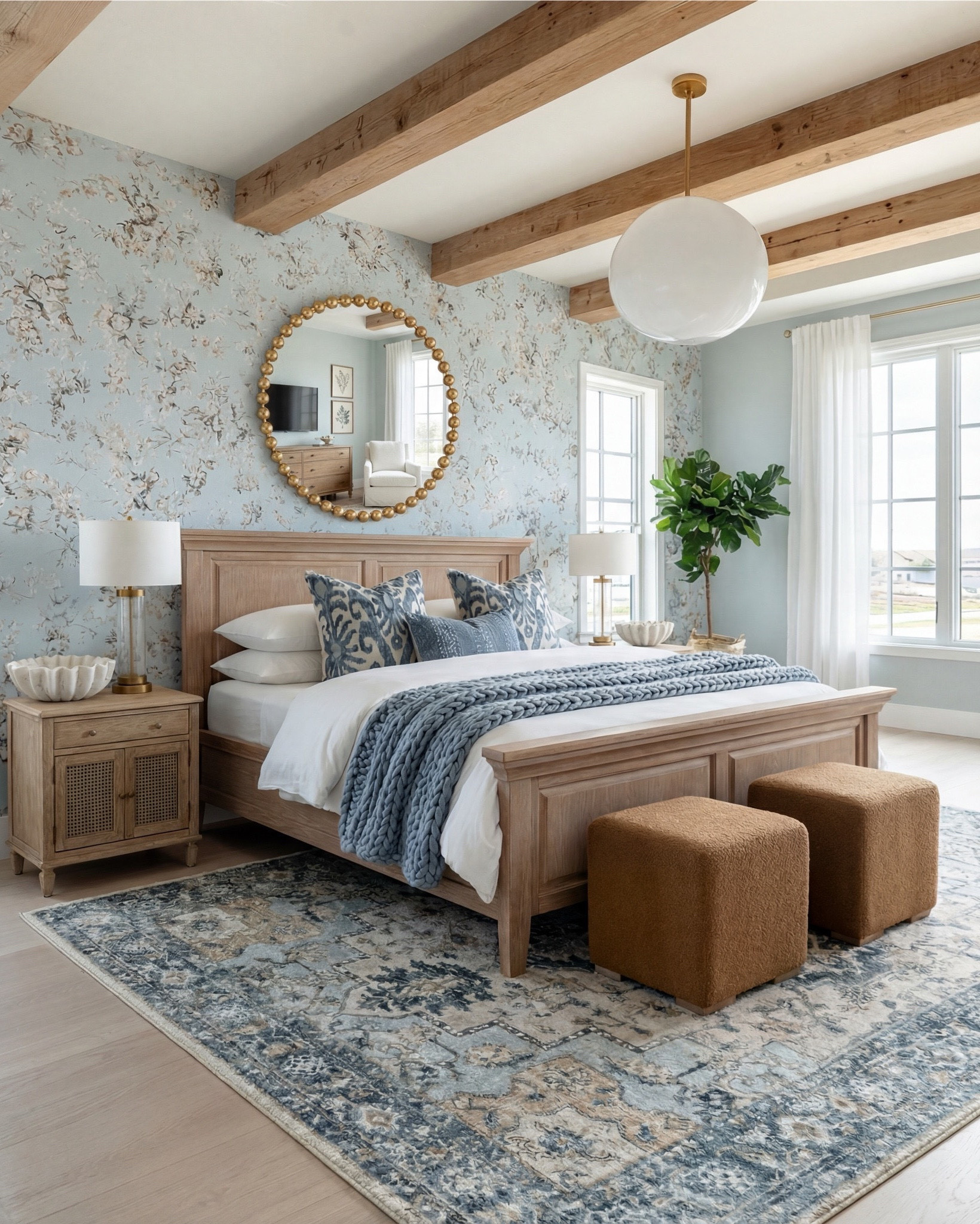 There is something so soothing about a bedroom that leans into soft blues, warm woods, and cozy layered textures — and this one is the perfect example of calm, elevated comfort.

The natural wood bed instantly warms the room, and I styled it with a chunky blue knit throw and patterned pillows to add that relaxed, lived-in layer of texture. The caramel cube ottomans at the foot of the bed bring in a rich contrast that grounds the palette beautifully.

The rug pulls everything together with its blend of soft blues and warm neutrals, adding just the right amount of pattern without overwhelming the space. The round brass beaded mirror is such a showstopper — it adds shine and dimension while playing so nicely with the brass details on the lamps.

And of course, the soft floral wallpaper and exposed beams make the entire room feel warm, airy, and collected. The perfect balance of cozy and polished.

✨ Shop the Look
Natural wood bed | Chunky blue knit throw | Patterned blue pillows | Caramel cube ottomans | Blue and neutral patterned rug | Brass beaded mirror | Brass table lamps | Soft floral wallpaper | Natural wood  cane nightstands | Exposed ceiling beams, ribbed white decor bowl.

#LTKsale #LTKhome #LTKstyletip