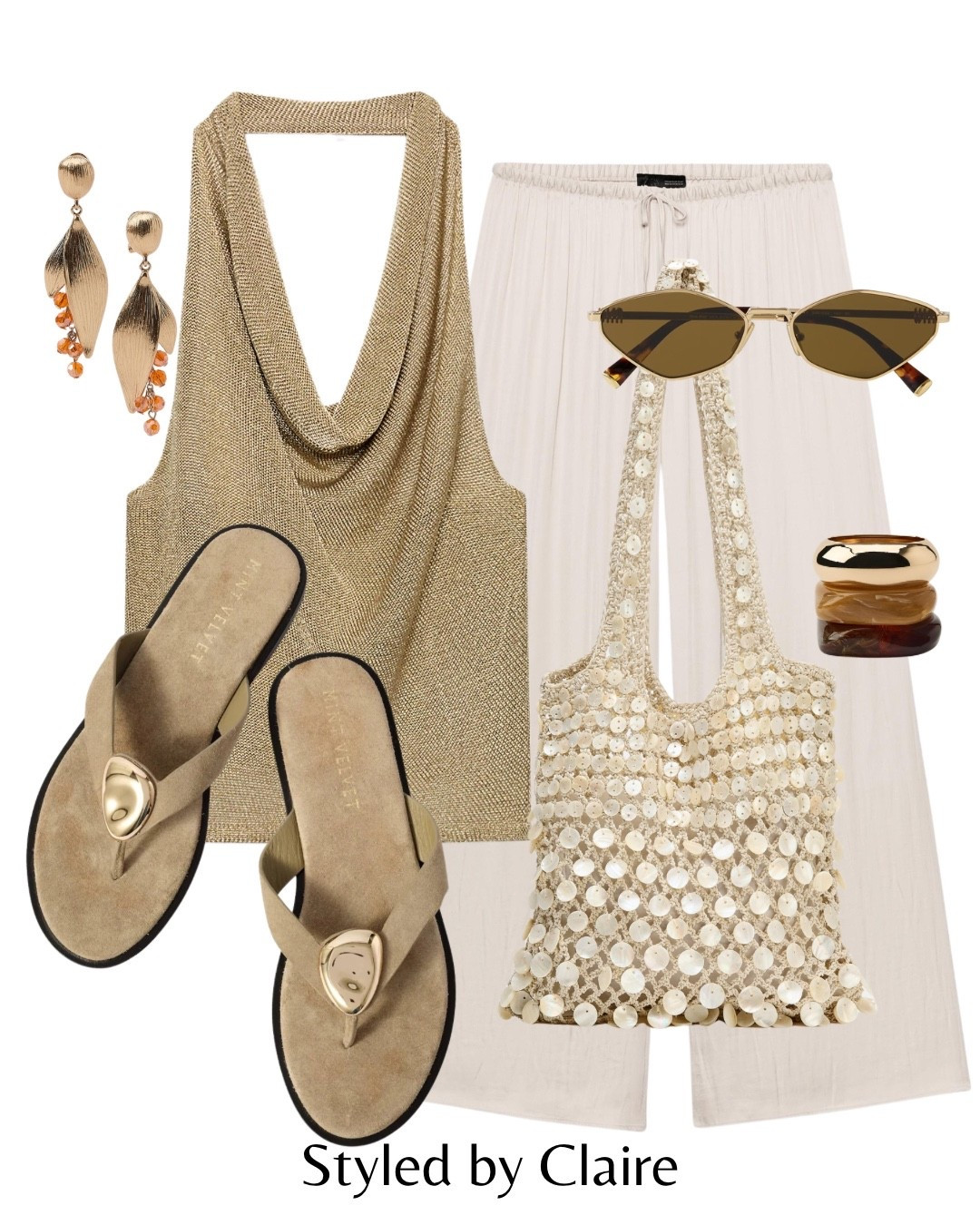 GOLDEN HOUR OUTFIT✨
Tags: Zara shimmery gold scoop neck top palazzo trousers white beaded tote bag sandals suede gold detail strap earrings resin bracelet miu miu sunglasses fashion holiday vacation Dubai Ibiza Santorini Barcelona date night dinner inspo outfit ideas boho vibe

#LTKsummer #LTKshoes #LTKstyletip