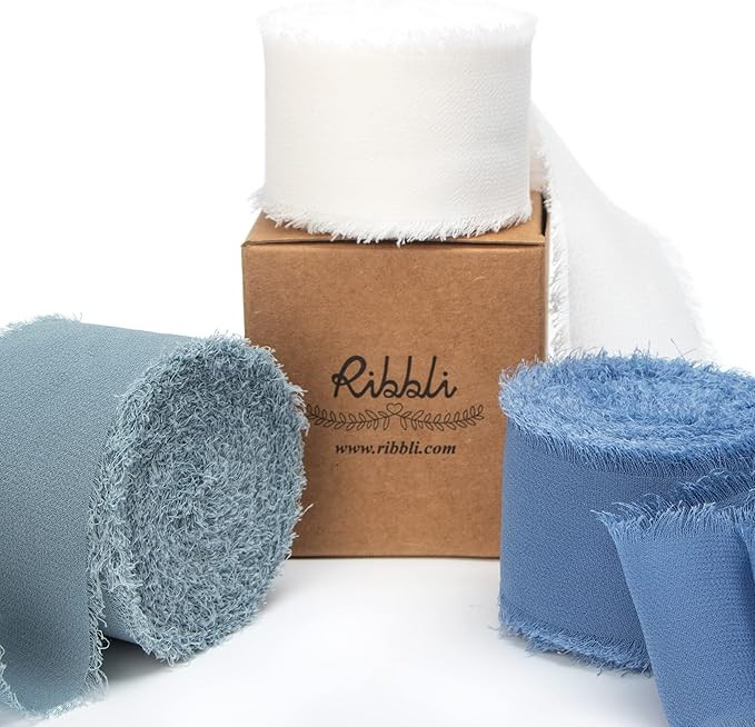 Ribbli Chiffon Silk Ribbon, 1.5 in x 30 Yards, White/Slate Blue/Dusty Blue Fringe, Wedding Invita... | Amazon (US)